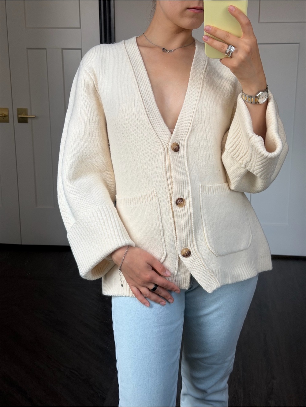 100% Wool Cream Button-Front V-Neck Luxurious Cardigan Sweater
